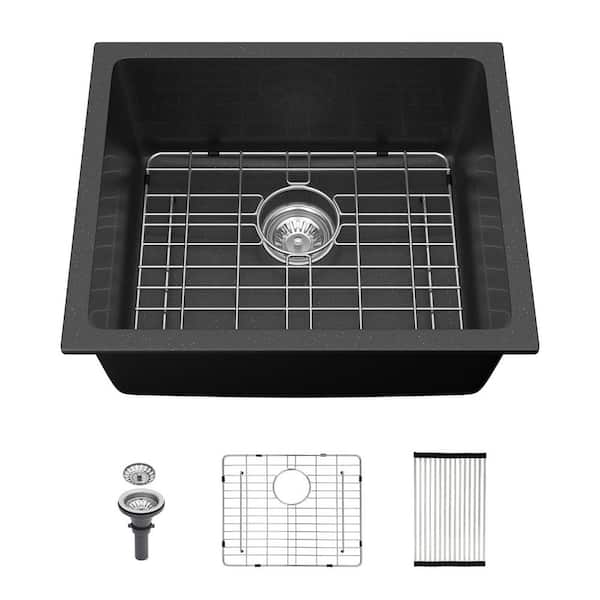 21 in. Undermount Singel Bowl 16 Gauge Black Quartz Kitchen Bar Sink with Bottom Grid and Drain