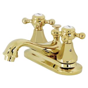 Metropolitan 4 in. Centerset 2-Handle Bathroom Faucet with Plastic Pop-Up in Polished Brass