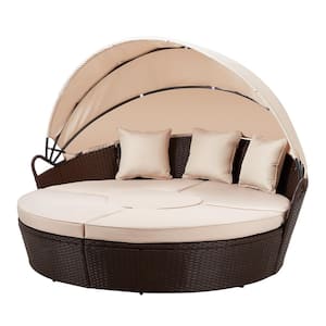 Drink Brown 5-Piece Wicker Chaise Lounge Patio Outdoor Day Bed Sunbed with Retractable Canopy and Beige Cushions