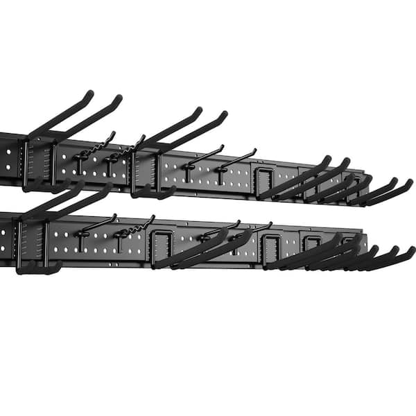 Garage wall-mounted tool organizer rack 99 inch steel rail with 18 adjustable heavy duty hooks gray