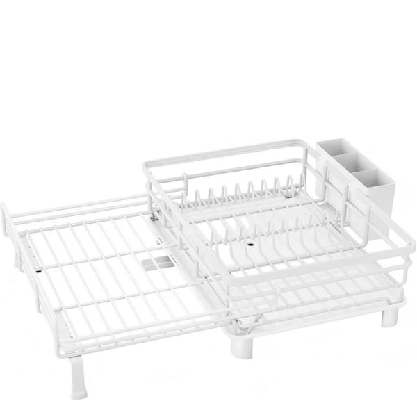 12.2 in. to 21.7 in. White Extendable Dish Rack, Dish Drying Rack, Stainless Steel Dish Strainer with Utensil Holder