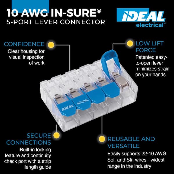In-Sure Lever Wire Connector, 10 AWG, 5-Port Jar of 125