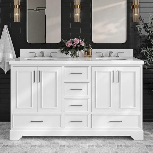ARIEL Stafford 61 in. W x 22 in. D x 36 in. H Double Sink Freestanding Bath Vanity in White with Pure White Quartz Top