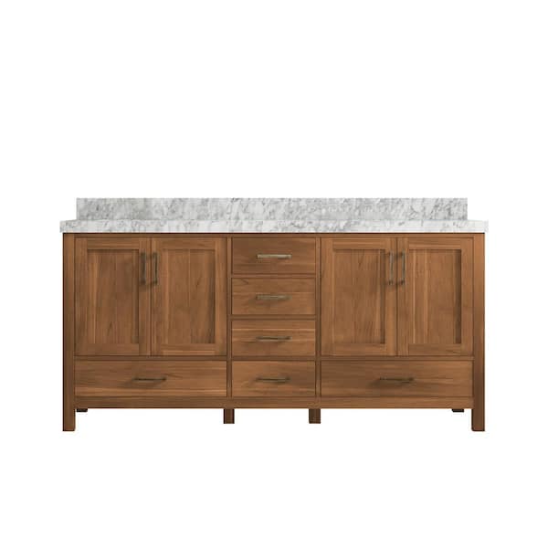 Willow Collections Malibu Teak 72 in. W x 22 in. D x 36 in. H Double Sink Bath Vanity in Gold Teak with 2" Carrara Marble Top