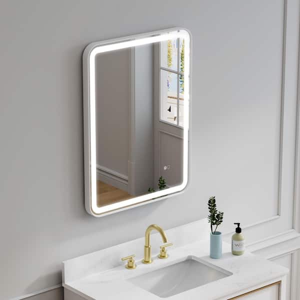 FORCLOVER 24 in. W x 32 in. H Rectangular R-Shaped Corners Aluminum Framed Dimmable LED Wall Bathroom Vanity Mirror in White