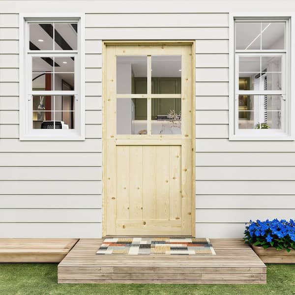 36 in. x 80 in. Solid Pine Universal 4 Lite Clear Glass Unfinished Dutch Door Design Wood Front Door Slab
