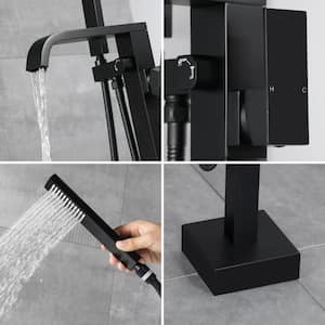 Pomelo Freestanding Floor Mount Single Handle Bath Tub Filler Faucet with Handheld Shower in Matte Black