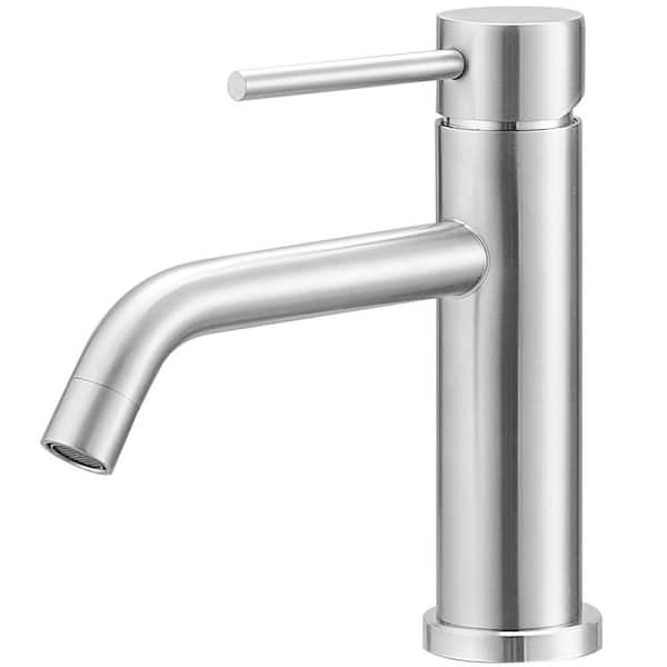 Single Handle Mid-Arc Bathroom Faucet with Deckplate and Pop-Up Drain in Brushed Nickel
