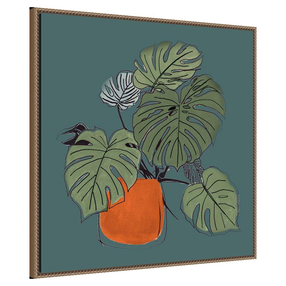 Teal and Orange Retro Potted Plant Canvas Art with Bronze Frame