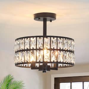 12.59 in. 3-Light Matte Black Round Drum Semi-Flush Mount with Clear Crystal and No Bulbs Included