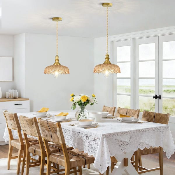 Jasslynn 60-Watt 1-Light Amber Modern Kitchen Pendant Light with Dome Flower Glass Shade for Bedroom Dining Room