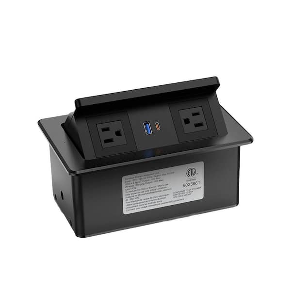 Pop Up Power Outlet 2-Outlets 1-Port USB-A 1-Port USB-C Surge Protector with 15-Watt Wireless Charger ETL Listed