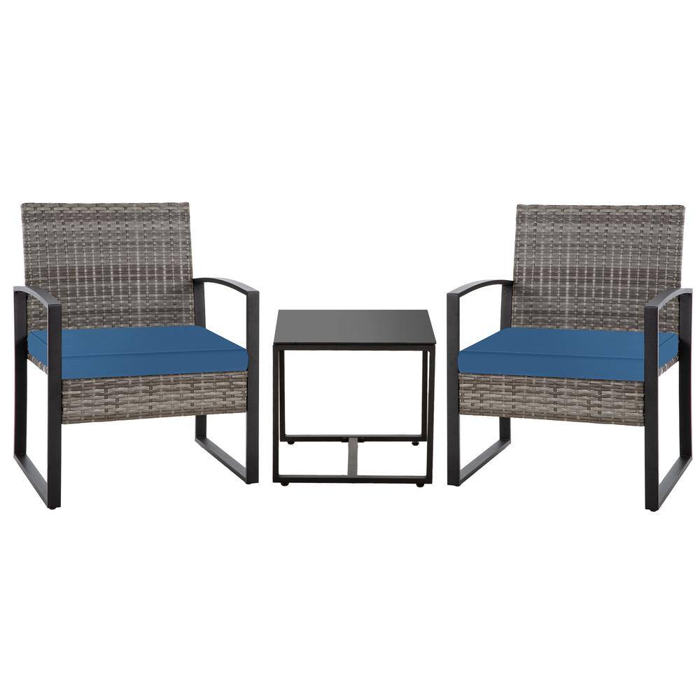 3 Piece Wicker Outdoor Bistro Set Patio Furniture Set with Blue Washable Cu