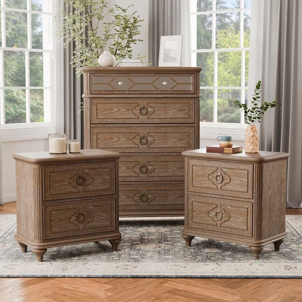 Furniture of America Brightwell 3-Piece Rustic Oak 2 Drawer 29 in. W Set of 2 Nightstands and Chest with USB Ports