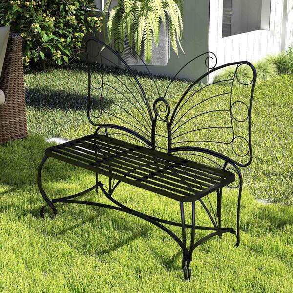 Black 43 in. Butterfly Cast Metal Outdoor Bench, Patio Sofa