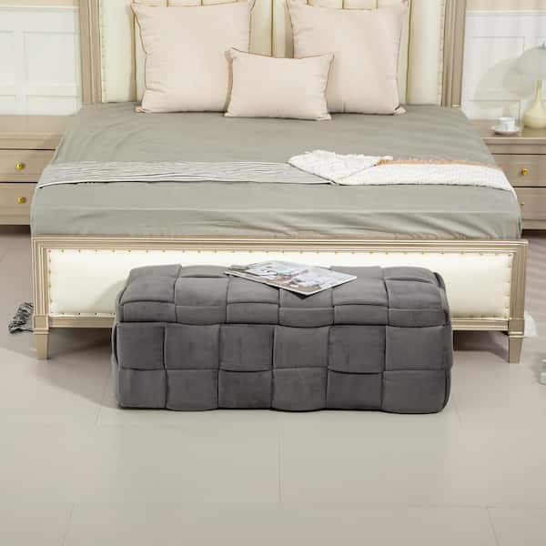 Noble House Cina Dark Gray Upholstered Velvet Storage Ottoman Bench with Safety Hinge, Rubberwood Frame