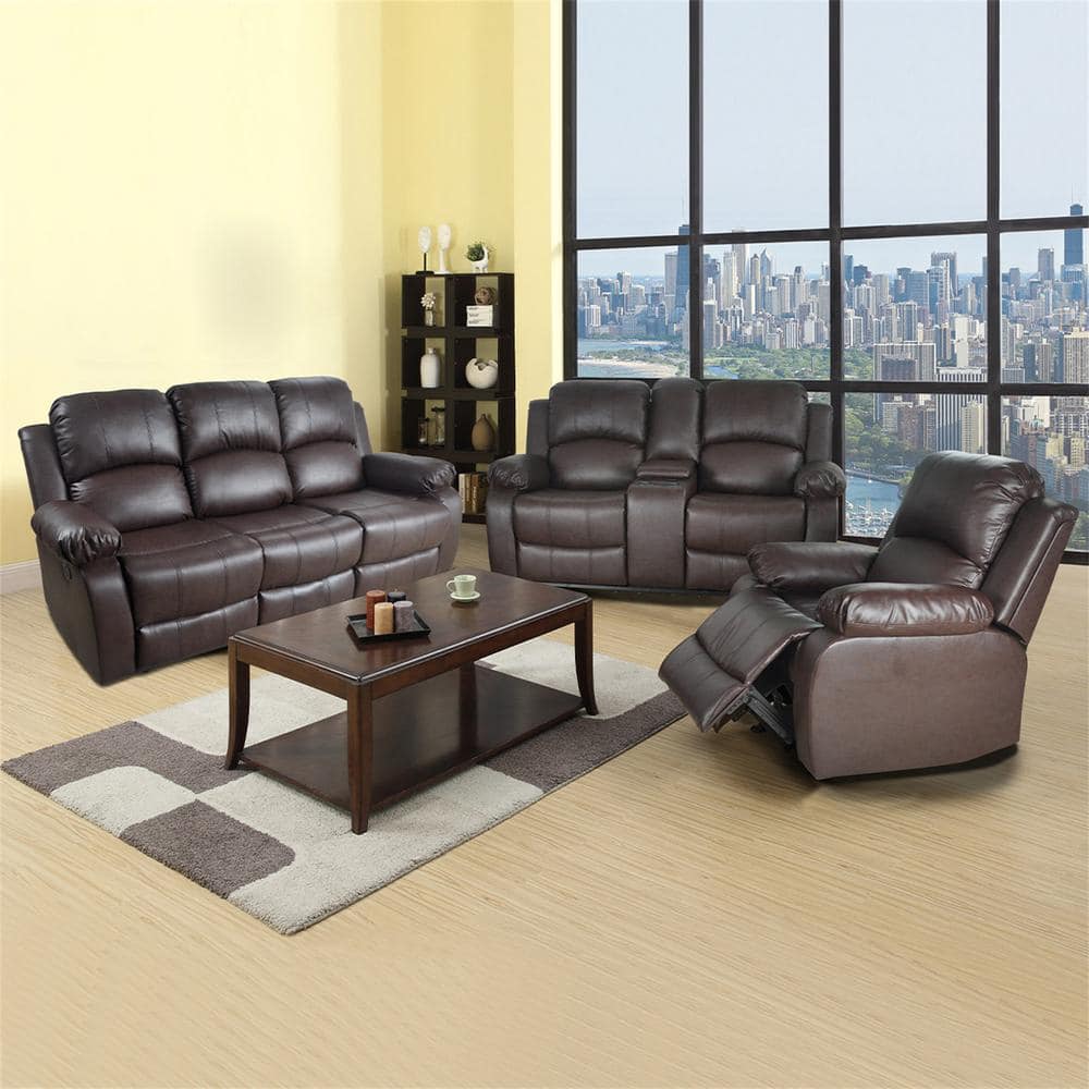 82 in. W Pillow Top Arm Faux Leather Rectangle Reclining Sofa in Brown