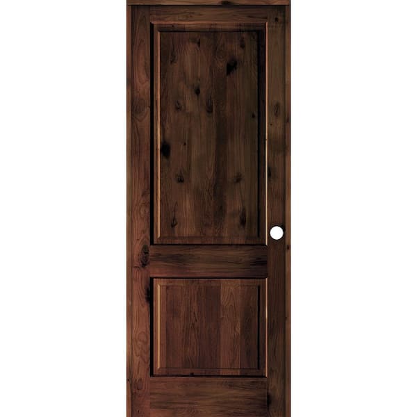 Krosswood Doors 36 in. x 96 in. Rustic Knotty Alder 2 Panel Left Hand Red Mahogany Stain Wood Single Prehung Interior Door w/Square Top