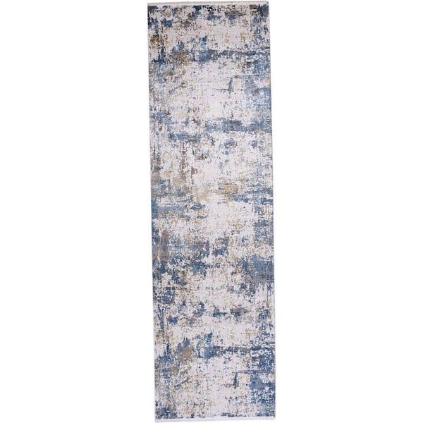 HomeRoots 3 X 10 Ivory, Tan, Blue Abstract Runner Rug