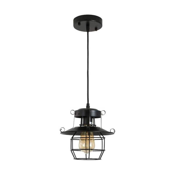 Amucolo 1-Light Black Vintage Farmhouse Pendant Light Rustic Metal Caged Pendant Light Chandelier with Adjustable Height