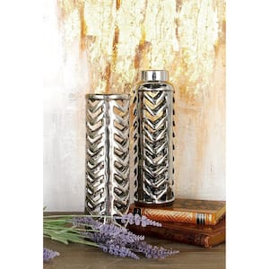 Silver Ceramic Decorative Vase with Chevron Patterns (Set of 2)