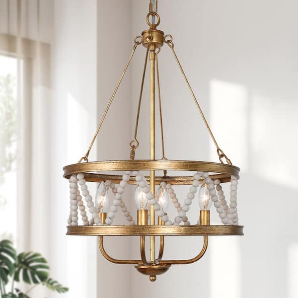 Uolfin 15.7 in. 4-Light Antique Gold Mid-Century Dining Room Chandelier, Modern Candle Light Fixture with White Beaded Shade