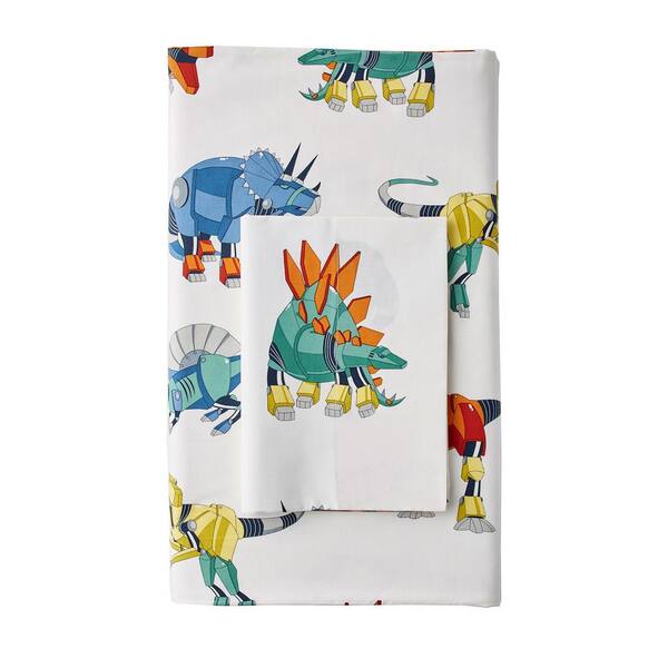 Cstudio Home by The Company Store Robo Dino Multicolored 200-Thread Count Cotton Percale Twin Fitted Sheet