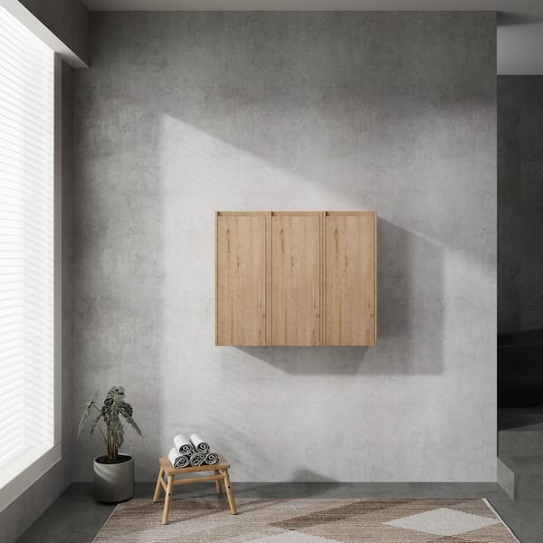 35.46 in. W x 9.81 in. D x 29.50 in. H Bathroom Storage Wall Cabinet in Imitative Oak with Soft Closing Door