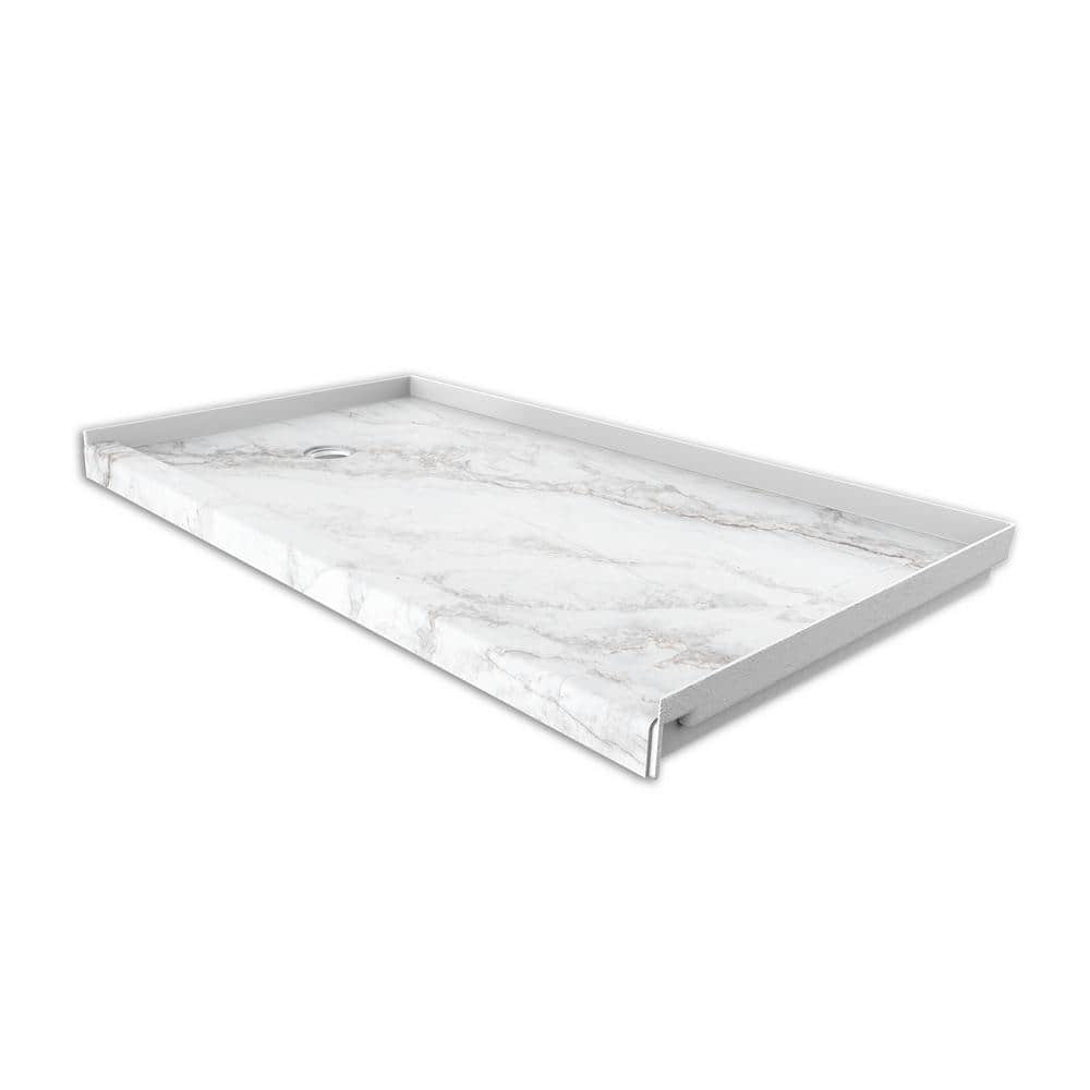 Calypso White Marble Rectangular Shower Base with Left Drain