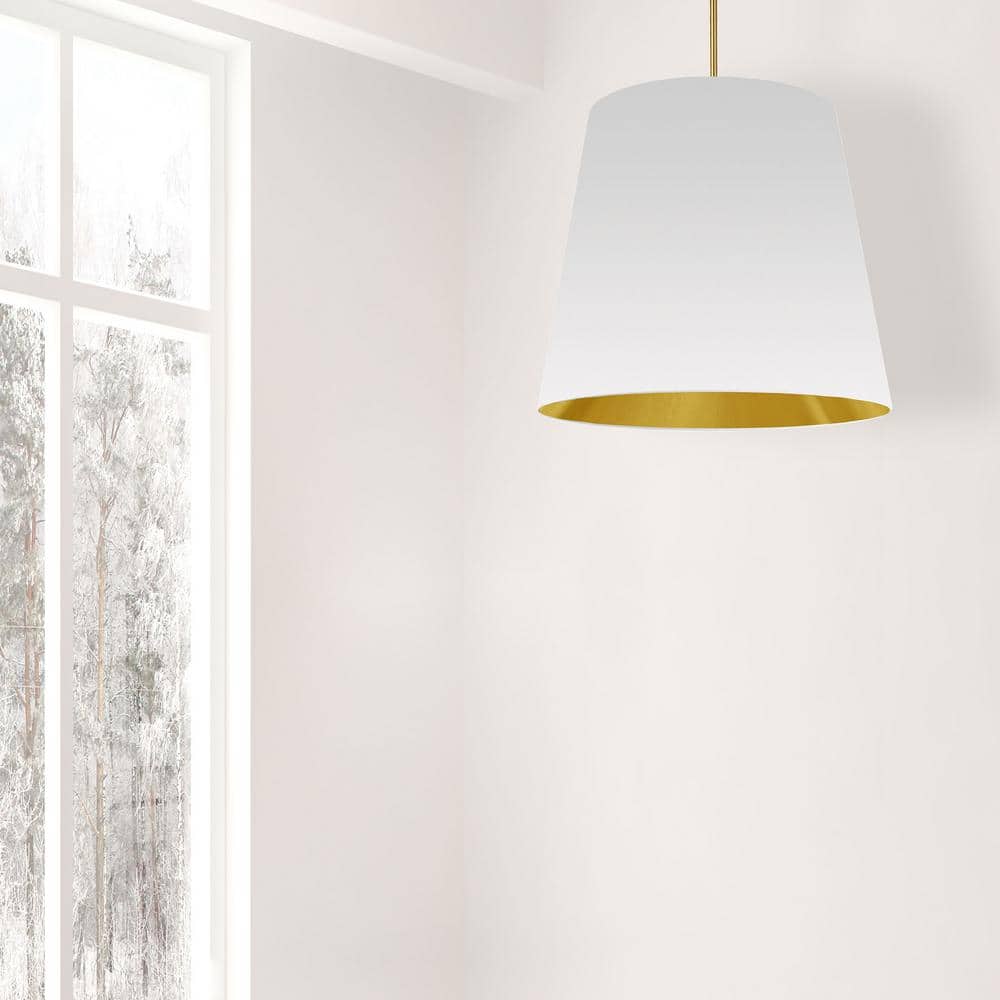 Large White and Gold Drum Pendant Light with Chrome Finish