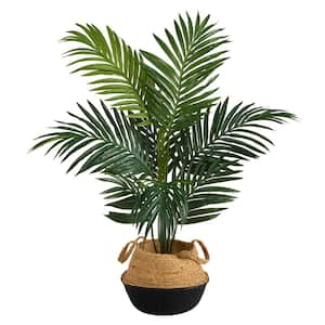 4 ft. Green Kentia Palm Artificial Tree in Boho Chic Handmade Cotton and Jute Black Woven Planter