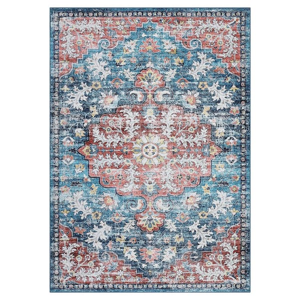 Ultra Thin Washable Blue 8 ft. x 10 ft. Vintage Printed Carpet Foldable Indoor Decorative Carpet Area Rug