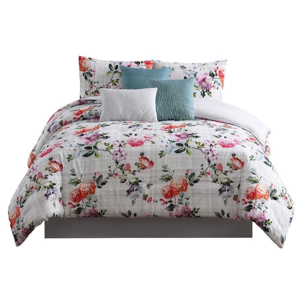 Benjara 7-Piece Multicolor Floral Microfiber King Comforter Set