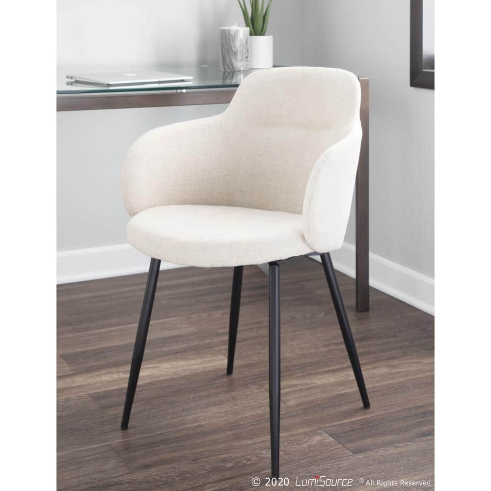 High-Back Cream Upholstered Arm Chair with Black Metal and Cane Accents