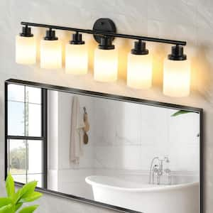 38 in. 6-Light Black Vanity Lights Fixture with Frosted Glass Shades and no bulbs Included