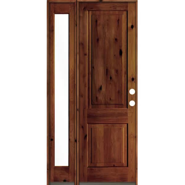Krosswood Doors 44 in. x 96 in. Rustic knotty alder Left-Hand/Inswing Clear Glass Red Chestnut Stain Wood Prehung Front Door w/Sidelite
