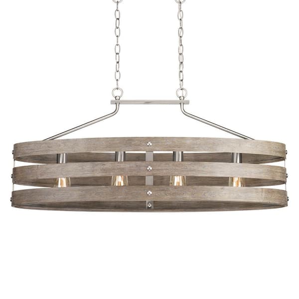 Progress Lighting Gulliver 38.5 in. 4-Light Brushed Nickel Farmhouse Linear Island Chandelier with Weathered Gray Wood Accents