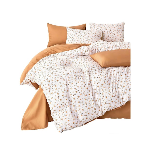 3-Piece Orange Floral Polyester Queen Comforter Set