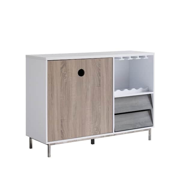 Benjara 5-Bottle White, Brown and Gray Wine Cabinet with 2 Drawers, Stemware and Bottle Rack