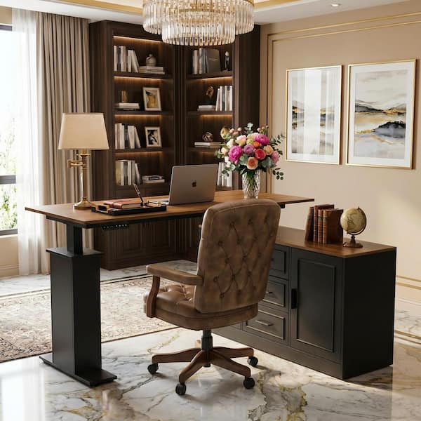 55.1 in. L-Shaped Black Wood 3-Drawer Executive Desk, Computer Desk, Writing Desk with Adjustable Height and Cabinets