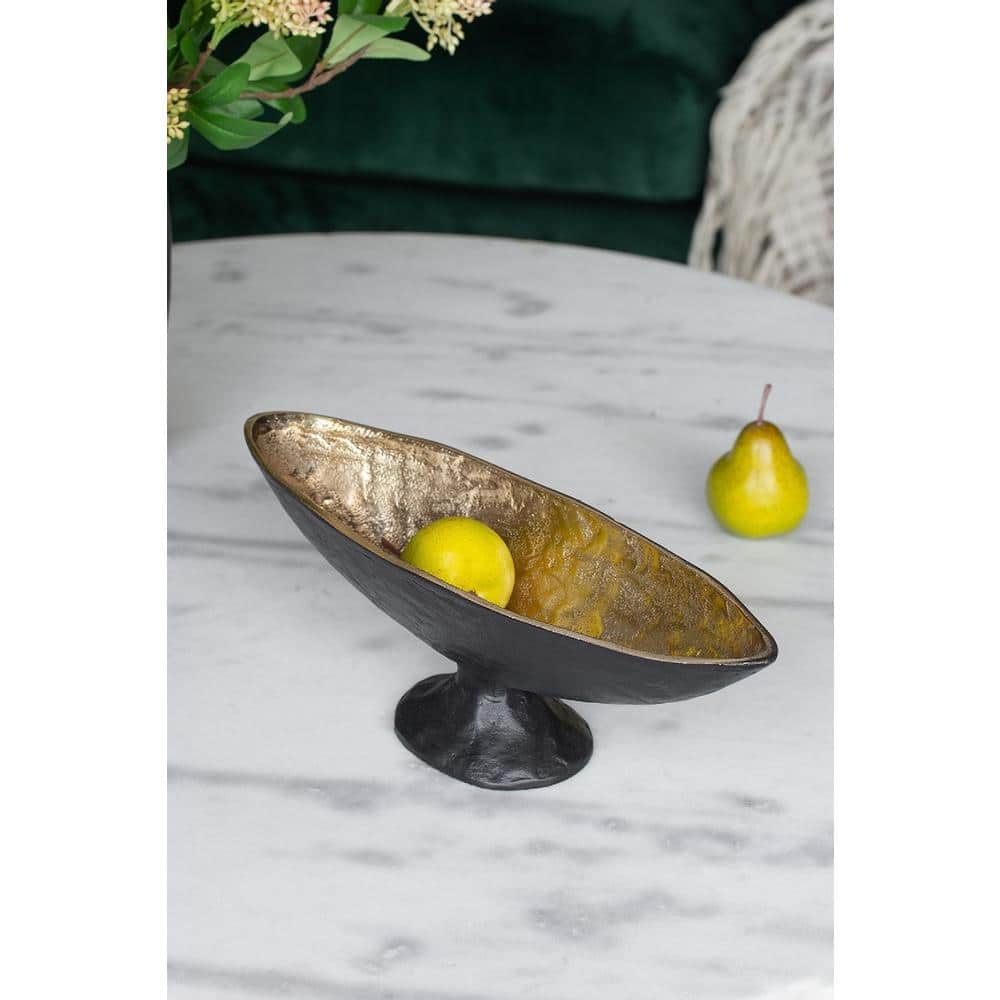 Handcrafted Black and Gold Aluminum Oval Pedestal Bowl