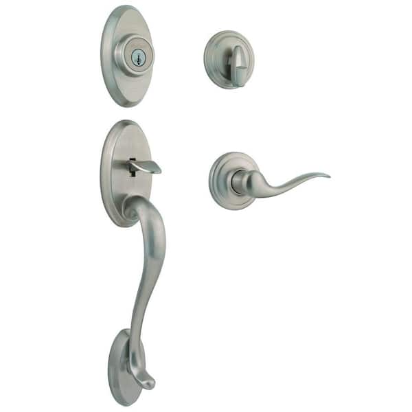 Kwikset Shelburne Satin Nickel Single Cylinder Door Handleset with Tustin Door Handle Featuring SmartKey Security