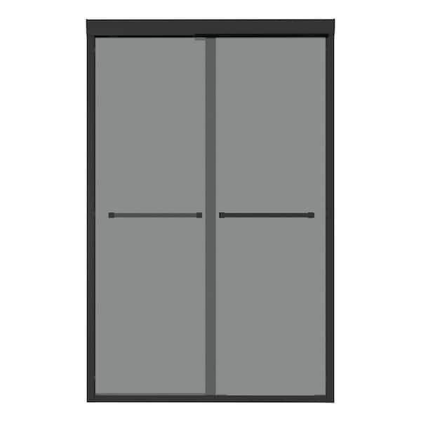 48 in. W x 76 in. H Double Sliding Framed Shower Door Bath Enclosure in Matte Black with 5/16 in. Gray Glass and Handles
