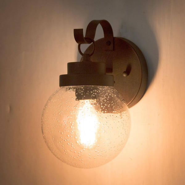 Vintage Textured Rust 1-Light Globe Outdoor Wall Sconce with Seeded Glass Shade and No Bulb Included