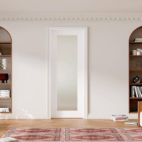 30 in. x 80 in. 1-Lite Frosted Glass Single Prehung Interior Door Right-Handed MDF White with Door Jamb and Hardware Kit