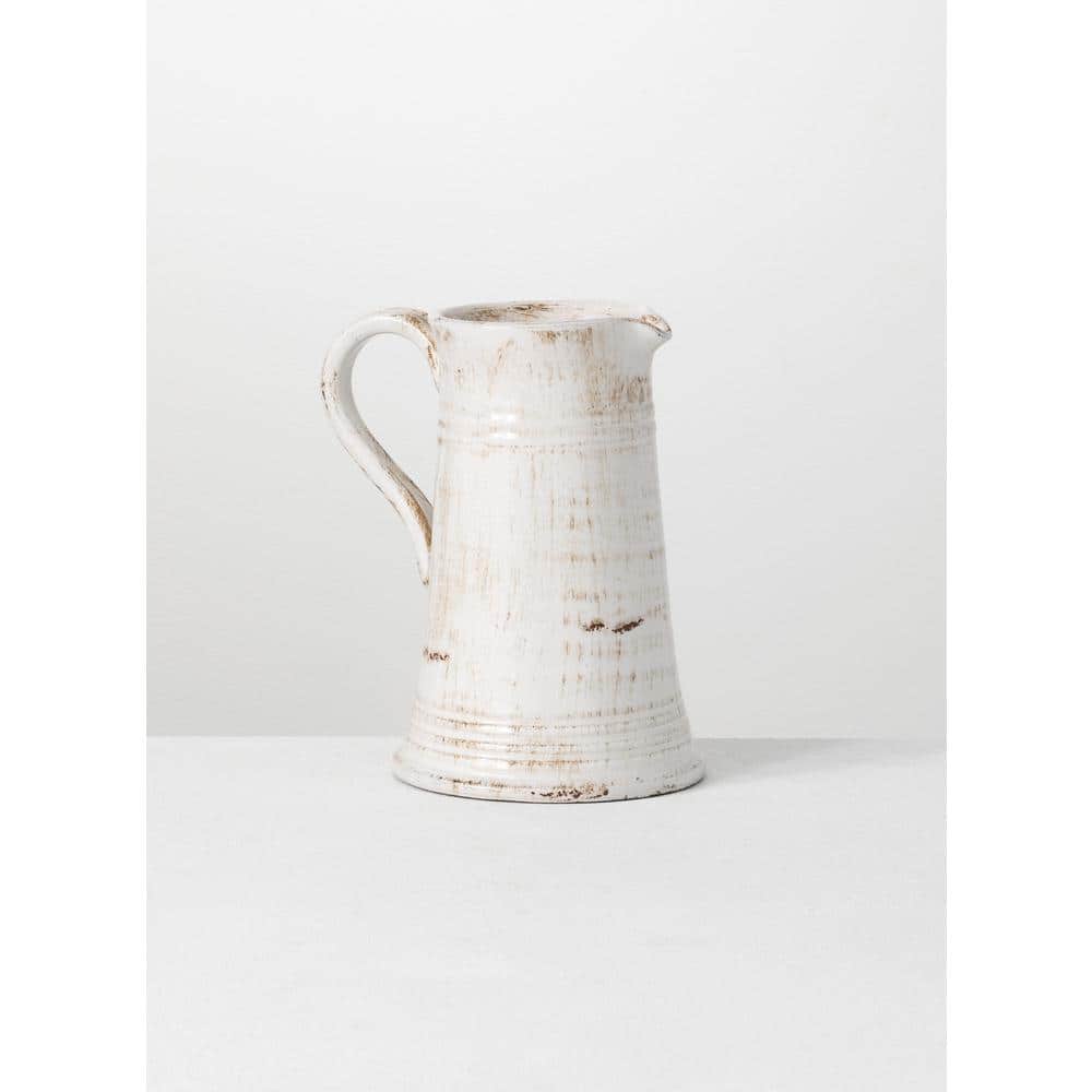 Off-White Glazed Ceramic Decorative Pitcher Vase 10"