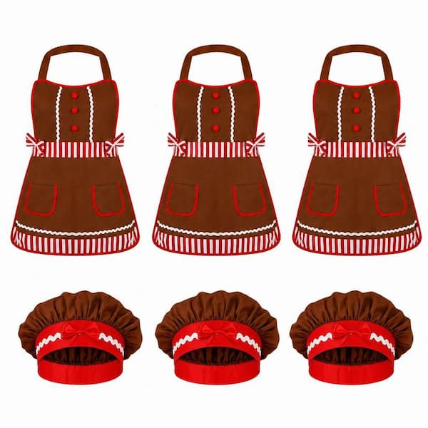 6-Piece 21 in. x 29 in. Browns Gingerbread Man Christmas Apron and Hat Set for Xmas Party Supplies, Kitchen Apron Decor