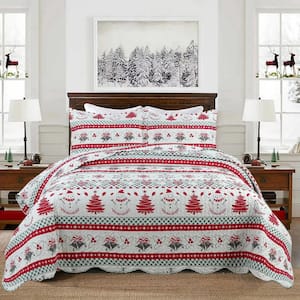 C89 Christmas Red Snowman Bell King Size Polyester Quilt Bedspread Set