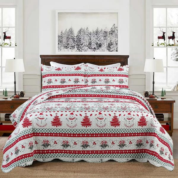MarCielo C89 Christmas Red Snowman Bell King Size Polyester Quilt Bedspread Set