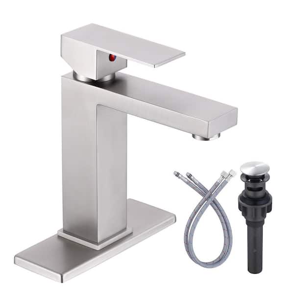 WOWOW Single Handle Single Hole Bathroom Faucet with Supply Line Included in Brushed Nickel